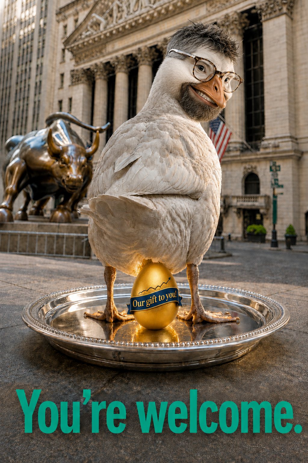 A bespectacled goose standing over a golden egg outside the NYSE: you're welcome.